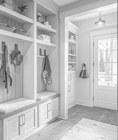 custom-mudroom-storage-florida Custom mudroom storage with bench, cubbies, and wall hooks in a Florida home entryway