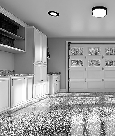 soho-garage-storage-cabinets-tampa-florida SoHo garage storage system with wall cabinets, overhead racks, and workbench in Tampa, Florida