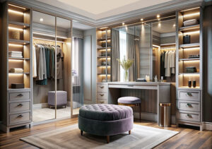 Stylish dressing room with LED vanity plush ottoman and velvet